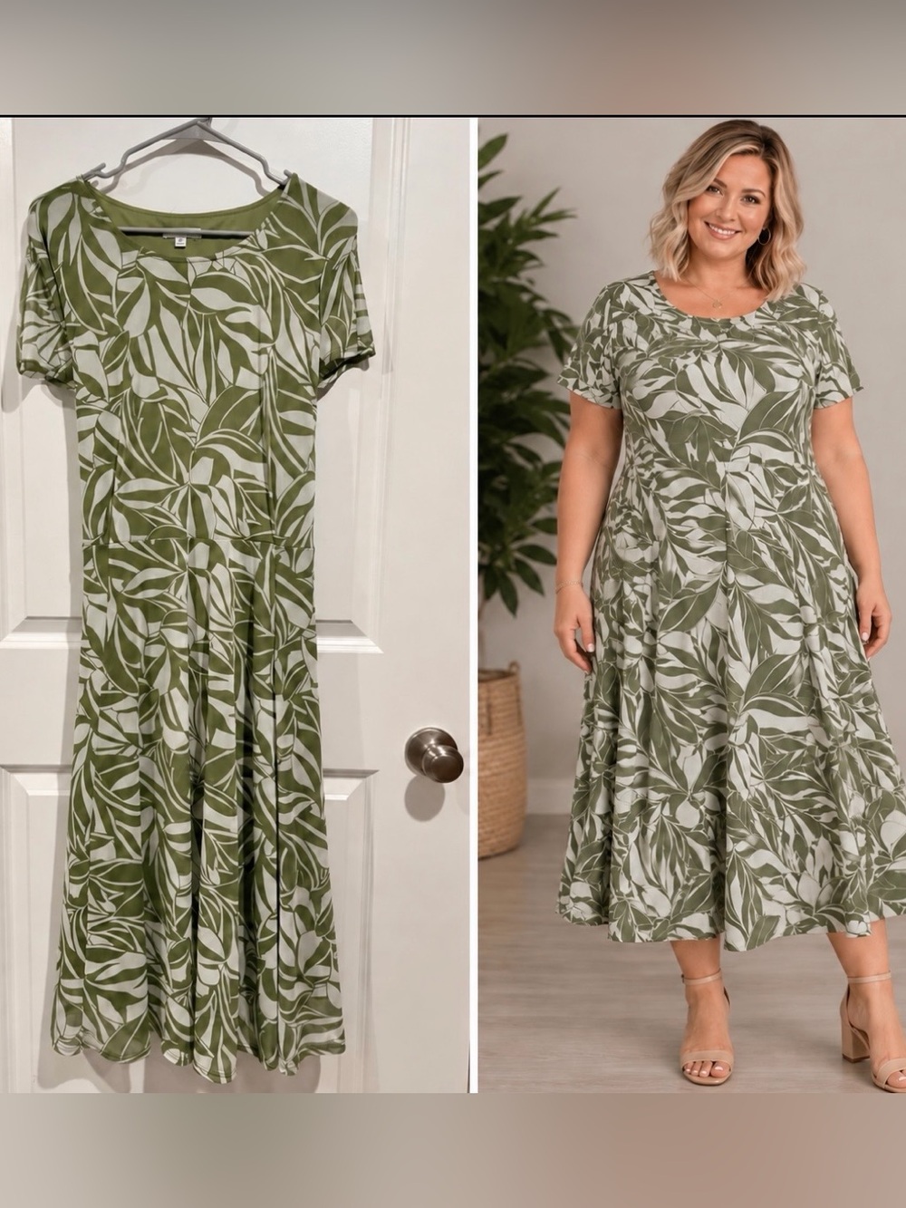 NorthStyle Olive/Sage Green and White Leaf-Print Midi Meshy Dress sz 3X